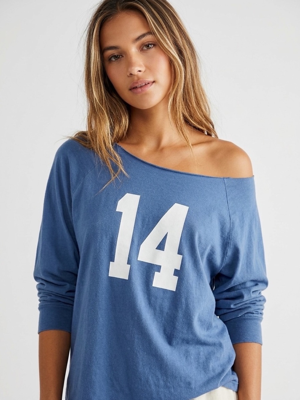 Brandy Melville Blue Off-The-Shoulder '14' Oversized Boyfriend LS T-Shirt